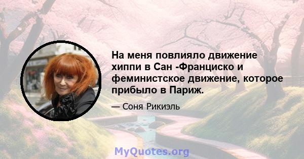 На меня повлияло движение хиппи в Сан -Франциско и феминистское движение, которое прибыло в Париж.