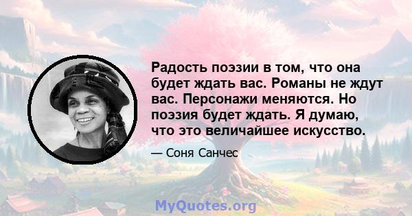 Радость поэзии в том, что она будет ждать вас. Романы не ждут вас. Персонажи меняются. Но поэзия будет ждать. Я думаю, что это величайшее искусство.