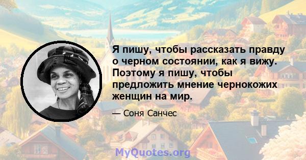 Я пишу, чтобы рассказать правду о черном состоянии, как я вижу. Поэтому я пишу, чтобы предложить мнение чернокожих женщин на мир.