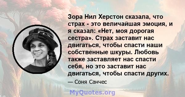 Зора Нил Херстон сказала, что страх - это величайшая эмоция, и я сказал: «Нет, моя дорогая сестра». Страх заставит нас двигаться, чтобы спасти наши собственные шкуры. Любовь также заставляет нас спасти себя, но это