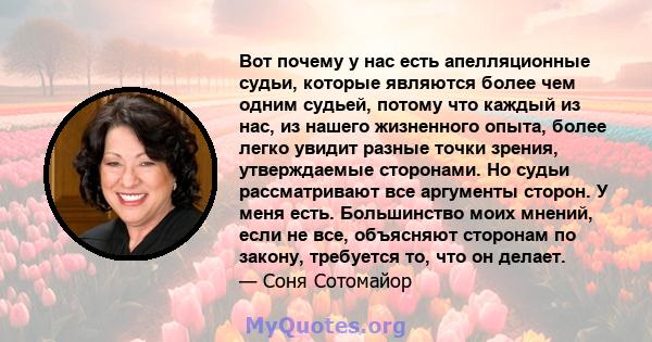 Вот почему у нас есть апелляционные судьи, которые являются более чем одним судьей, потому что каждый из нас, из нашего жизненного опыта, более легко увидит разные точки зрения, утверждаемые сторонами. Но судьи