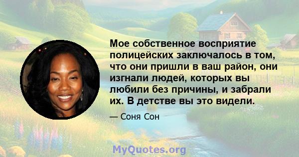 Мое собственное восприятие полицейских заключалось в том, что они пришли в ваш район, они изгнали людей, которых вы любили без причины, и забрали их. В детстве вы это видели.