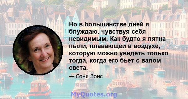 Но в большинстве дней я блуждаю, чувствуя себя невидимым. Как будто я пятна пыли, плавающей в воздухе, которую можно увидеть только тогда, когда его бьет с валом света.