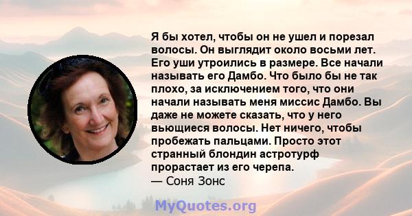 Я бы хотел, чтобы он не ушел и порезал волосы. Он выглядит около восьми лет. Его уши утроились в размере. Все начали называть его Дамбо. Что было бы не так плохо, за исключением того, что они начали называть меня миссис 