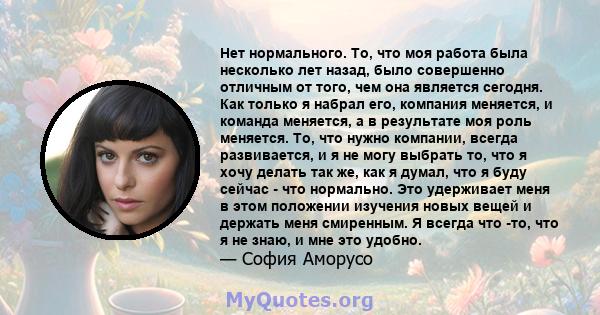 Нет нормального. То, что моя работа была несколько лет назад, было совершенно отличным от того, чем она является сегодня. Как только я набрал его, компания меняется, и команда меняется, а в результате моя роль меняется. 