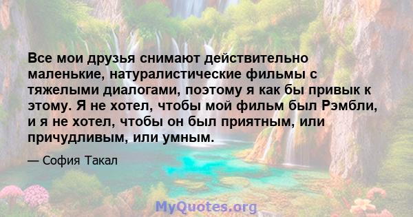 Все мои друзья снимают действительно маленькие, натуралистические фильмы с тяжелыми диалогами, поэтому я как бы привык к этому. Я не хотел, чтобы мой фильм был Рэмбли, и я не хотел, чтобы он был приятным, или