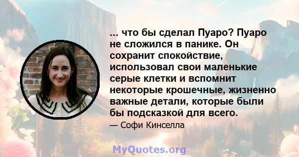 ... что бы сделал Пуаро? Пуаро не сложился в панике. Он сохранит спокойствие, использовал свои маленькие серые клетки и вспомнит некоторые крошечные, жизненно важные детали, которые были бы подсказкой для всего.