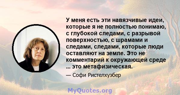 У меня есть эти навязчивые идеи, которые я не полностью понимаю, с глубокой следами, с разрывой поверхностью, с шрамами и следами, следами, которые люди оставляют на земле. Это не комментарий к окружающей среде ... это