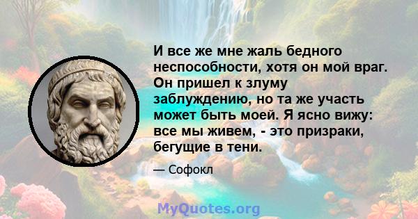 И все же мне жаль бедного неспособности, хотя он мой враг. Он пришел к злуму заблуждению, но та же участь может быть моей. Я ясно вижу: все мы живем, - это призраки, бегущие в тени.