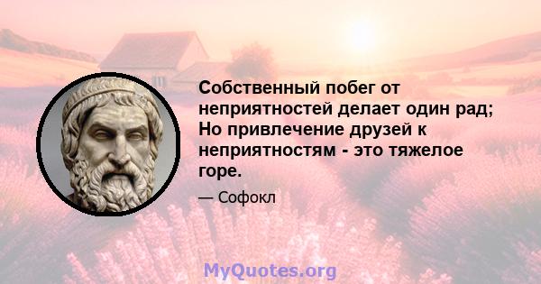 Собственный побег от неприятностей делает один рад; Но привлечение друзей к неприятностям - это тяжелое горе.