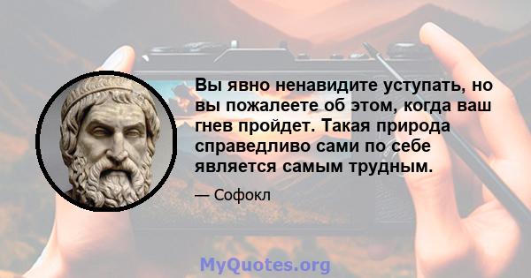 Вы явно ненавидите уступать, но вы пожалеете об этом, когда ваш гнев пройдет. Такая природа справедливо сами по себе является самым трудным.