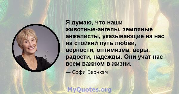 Я думаю, что наши животные-ангелы, земляные анжелисты, указывающие на нас на стойкий путь любви, верности, оптимизма, веры, радости, надежды. Они учат нас всем важном в жизни.