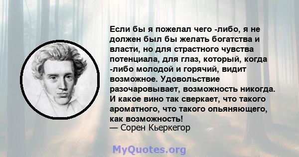 Если бы я пожелал чего -либо, я не должен был бы желать богатства и власти, но для страстного чувства потенциала, для глаз, который, когда -либо молодой и горячий, видит возможное. Удовольствие разочаровывает,