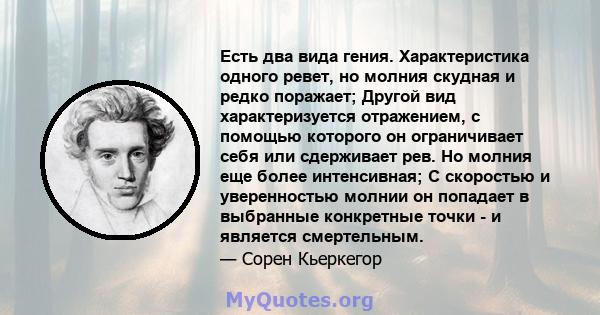 Есть два вида гения. Характеристика одного ревет, но молния скудная и редко поражает; Другой вид характеризуется отражением, с помощью которого он ограничивает себя или сдерживает рев. Но молния еще более интенсивная; С 