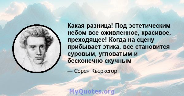 Какая разница! Под эстетическим небом все оживленное, красивое, преходящее! Когда на сцену прибывает этика, все становится суровым, угловатым и бесконечно скучным