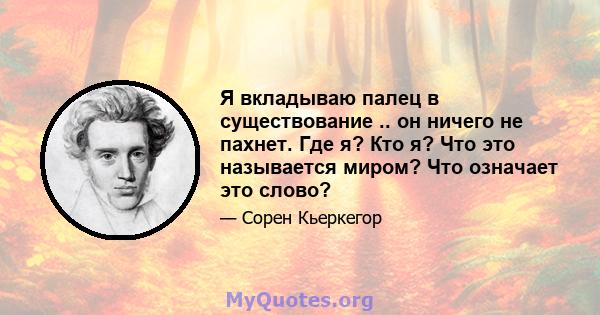 Я вкладываю палец в существование .. он ничего не пахнет. Где я? Кто я? Что это называется миром? Что означает это слово?