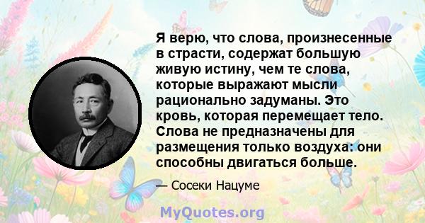 Я верю, что слова, произнесенные в страсти, содержат большую живую истину, чем те слова, которые выражают мысли рационально задуманы. Это кровь, которая перемещает тело. Слова не предназначены для размещения только