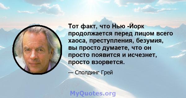 Тот факт, что Нью -Йорк продолжается перед лицом всего хаоса, преступления, безумия, вы просто думаете, что он просто появится и исчезнет, ​​просто взорвется.