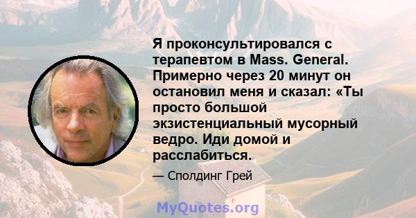 Я проконсультировался с терапевтом в Mass. General. Примерно через 20 минут он остановил меня и сказал: «Ты просто большой экзистенциальный мусорный ведро. Иди домой и расслабиться.