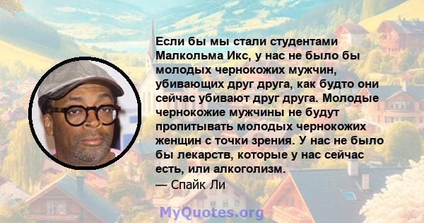 Если бы мы стали студентами Малкольма Икс, у нас не было бы молодых чернокожих мужчин, убивающих друг друга, как будто они сейчас убивают друг друга. Молодые чернокожие мужчины не будут пропитывать молодых чернокожих