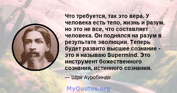 Что требуется, так это вера. У человека есть тело, жизнь и разум, но это не все, что составляет человека. Он поднялся на разум в результате эволюции. Теперь будет развито высшее сознание - это я называю Supermind. Это