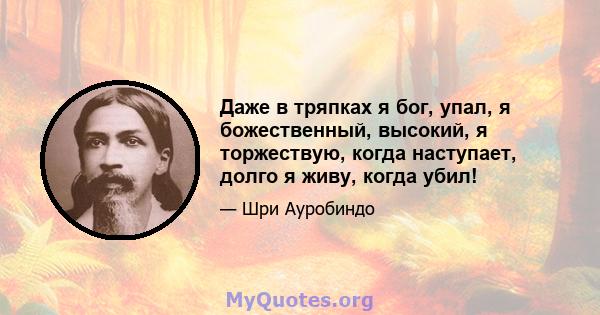 Даже в тряпках я бог, упал, я божественный, высокий, я торжествую, когда наступает, долго я живу, когда убил!