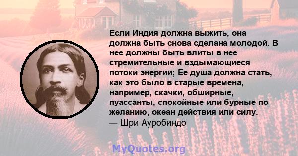 Если Индия должна выжить, она должна быть снова сделана молодой. В нее должны быть влиты в нее стремительные и вздымающиеся потоки энергии; Ее душа должна стать, как это было в старые времена, например, скачки,