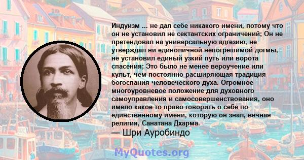 Индуизм ... не дал себе никакого имени, потому что он не установил не сектантских ограничений; Он не претендовал на универсальную адгезию, не утверждал ни единоличной непогрешимой догмы, не установил единый узкий путь