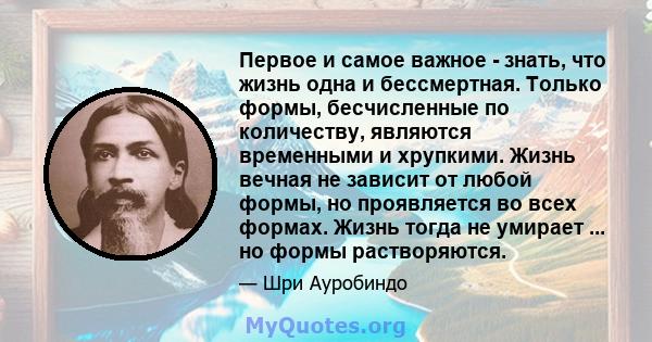 Первое и самое важное - знать, что жизнь одна и бессмертная. Только формы, бесчисленные по количеству, являются временными и хрупкими. Жизнь вечная не зависит от любой формы, но проявляется во всех формах. Жизнь тогда