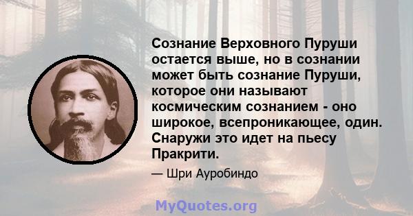 Сознание Верховного Пуруши остается выше, но в сознании может быть сознание Пуруши, которое они называют космическим сознанием - оно широкое, всепроникающее, один. Снаружи это идет на пьесу Пракрити.