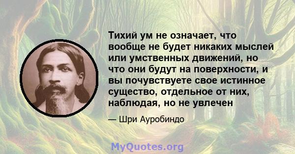 Тихий ум не означает, что вообще не будет никаких мыслей или умственных движений, но что они будут на поверхности, и вы почувствуете свое истинное существо, отдельное от них, наблюдая, но не увлечен