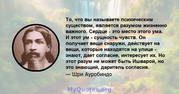 То, что вы называете психическим существом, является разумом жизненно важного. Сердце - это место этого ума. И этот ум - сущность чувств. Он получает вещи снаружи, действует на вещи, которые находятся на улице - знают,