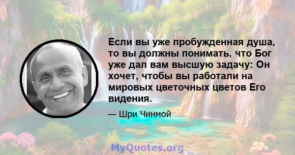 Если вы уже пробужденная душа, то вы должны понимать, что Бог уже дал вам высшую задачу: Он хочет, чтобы вы работали на мировых цветочных цветов Его видения.