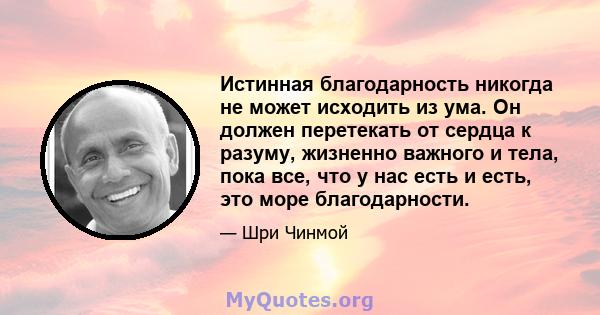 Истинная благодарность никогда не может исходить из ума. Он должен перетекать от сердца к разуму, жизненно важного и тела, пока все, что у нас есть и есть, это море благодарности.