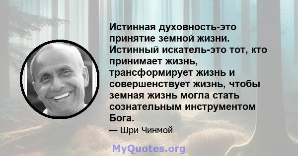 Истинная духовность-это принятие земной жизни. Истинный искатель-это тот, кто принимает жизнь, трансформирует жизнь и совершенствует жизнь, чтобы земная жизнь могла стать сознательным инструментом Бога.