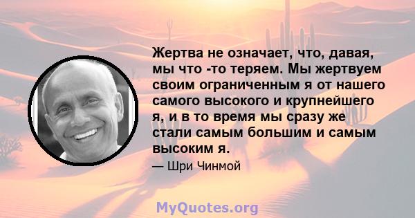 Жертва не означает, что, давая, мы что -то теряем. Мы жертвуем своим ограниченным я от нашего самого высокого и крупнейшего я, и в то время мы сразу же стали самым большим и самым высоким я.