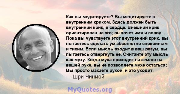 Как вы медитируете? Вы медитируете с внутренним криком. Здесь должен быть внутренний крик, в сердце. Внешний крик ориентирован на эго; он хочет имя и славу. ... Пока вы чувствуете этот внутренний крик, вы пытаетесь