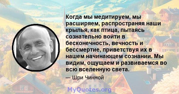 Когда мы медитируем, мы расширяем, распространяя наши крылья, как птица, пытаясь сознательно войти в бесконечность, вечность и бессмертие, приветствуя их в нашем начинающем сознании. Мы видим, ощущаем и развиваемся во