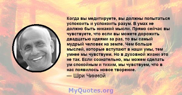 Когда вы медитируете, вы должны попытаться успокоить и успокоить разум. В умах не должно быть никакой мысли. Прямо сейчас вы чувствуете, что если вы можете дорожить двадцатью идеями за раз, то вы самый мудрый человек на 