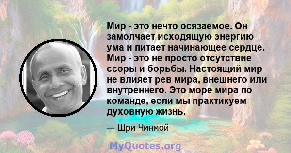 Мир - это нечто осязаемое. Он замолчает исходящую энергию ума и питает начинающее сердце. Мир - это не просто отсутствие ссоры и борьбы. Настоящий мир не влияет рев мира, внешнего или внутреннего. Это море мира по