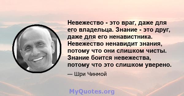 Невежество - это враг, даже для его владельца. Знание - это друг, даже для его ненавистника. Невежество ненавидит знания, потому что они слишком чисты. Знание боится невежества, потому что это слишком уверено.