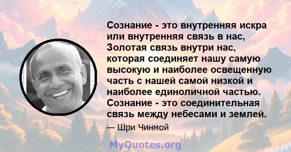 Сознание - это внутренняя искра или внутренняя связь в нас, Золотая связь внутри нас, которая соединяет нашу самую высокую и наиболее освещенную часть с нашей самой низкой и наиболее единоличной частью. Сознание - это