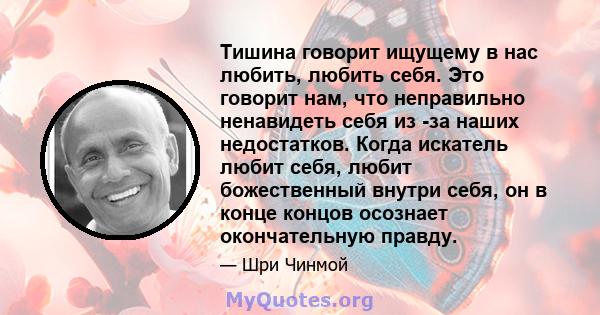 Тишина говорит ищущему в нас любить, любить себя. Это говорит нам, что неправильно ненавидеть себя из -за наших недостатков. Когда искатель любит себя, любит божественный внутри себя, он в конце концов осознает