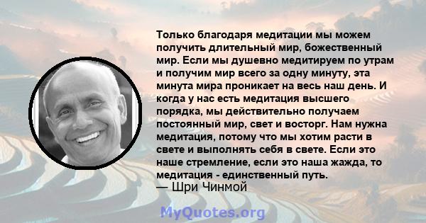 Только благодаря медитации мы можем получить длительный мир, божественный мир. Если мы душевно медитируем по утрам и получим мир всего за одну минуту, эта минута мира проникает на весь наш день. И когда у нас есть