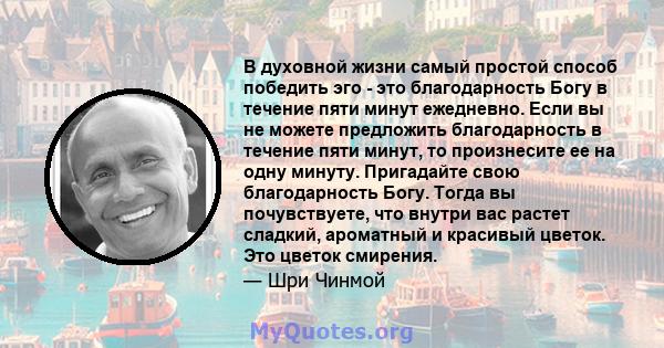 В духовной жизни самый простой способ победить эго - это благодарность Богу в течение пяти минут ежедневно. Если вы не можете предложить благодарность в течение пяти минут, то произнесите ее на одну минуту. Пригадайте