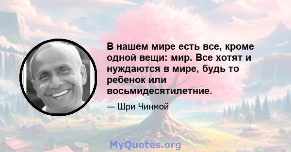 В нашем мире есть все, кроме одной вещи: мир. Все хотят и нуждаются в мире, будь то ребенок или восьмидесятилетние.