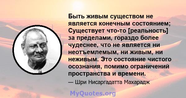 Быть живым существом не является конечным состоянием; Существует что-то [реальность] за пределами, гораздо более чудеснее, что не является ни неотъемлемым, ни живым, ни неживым. Это состояние чистого осознания, помимо