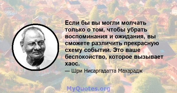 Если бы вы могли молчать только о том, чтобы убрать воспоминания и ожидания, вы сможете различить прекрасную схему событий. Это ваше беспокойство, которое вызывает хаос.