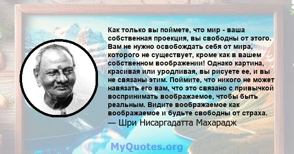 Как только вы поймете, что мир - ваша собственная проекция, вы свободны от этого. Вам не нужно освобождать себя от мира, которого не существует, кроме как в вашем собственном воображении! Однако картина, красивая или