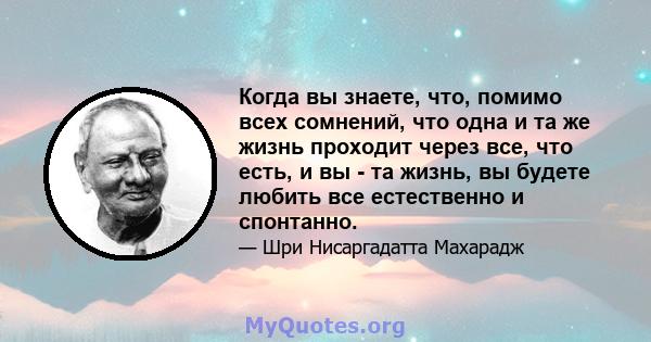 Когда вы знаете, что, помимо всех сомнений, что одна и та же жизнь проходит через все, что есть, и вы - та жизнь, вы будете любить все естественно и спонтанно.